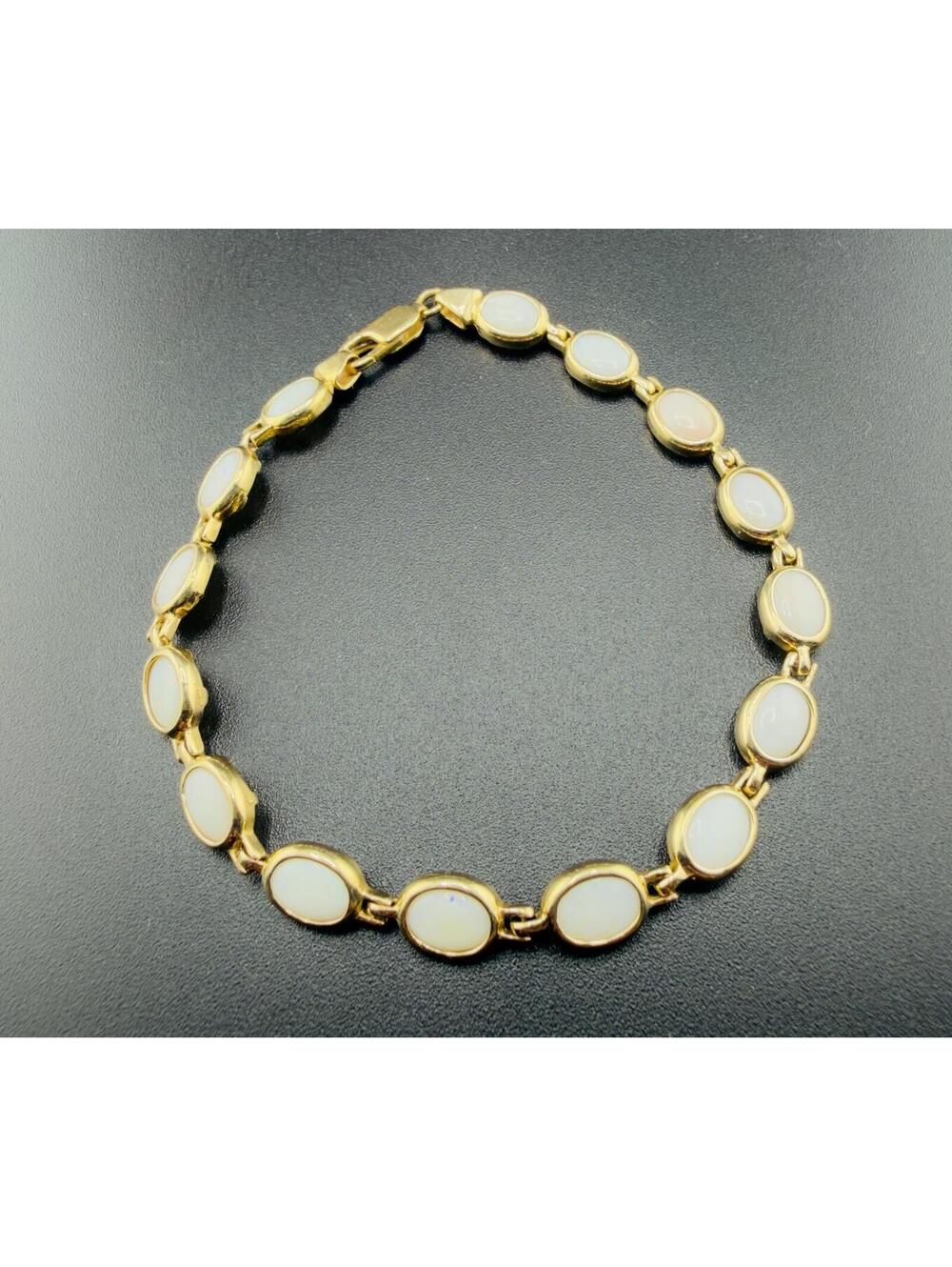 14K Gold Opal Bracelet Oval Link Station 7.5” Vintage Style